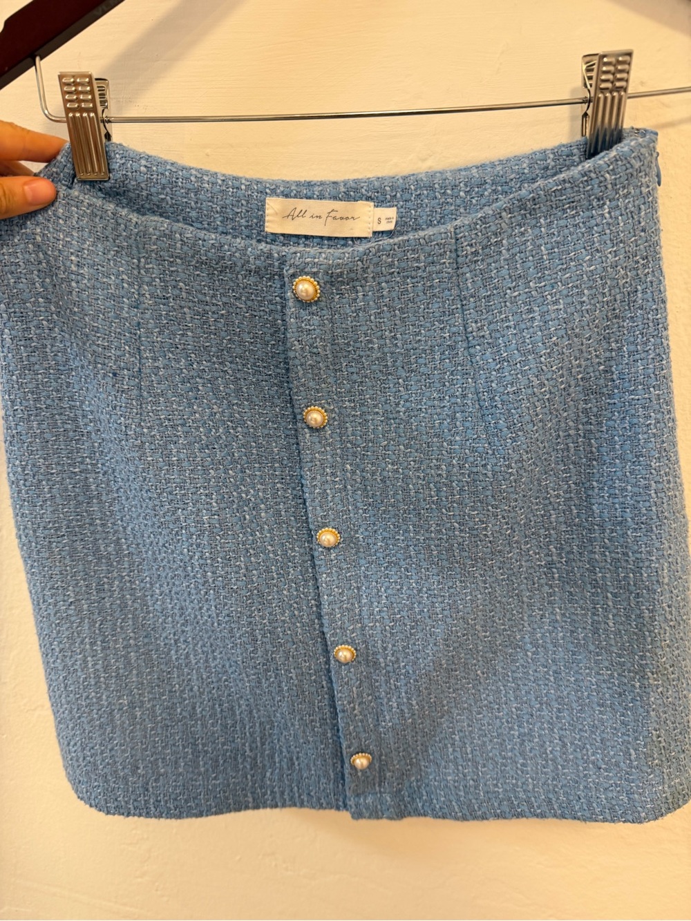 All In Favor Blue Tweed Pearl Button Mini Skirt Size Small - Picture 2 of 4
